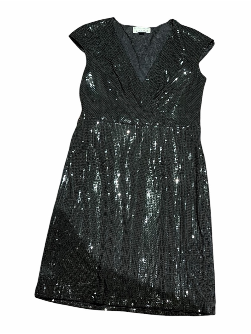 Chetta B Black Sequin Midi Dress with V-Neck